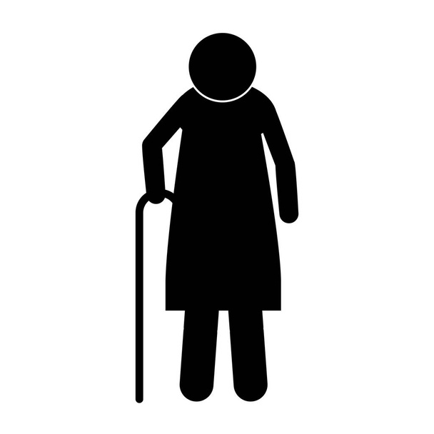 Ikone Silhouette ältere Frau mit Gehstock - Vektor, Bild