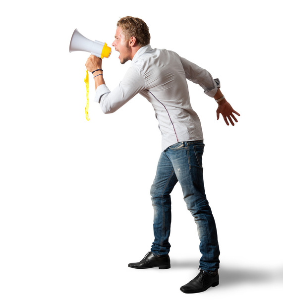 Boy screaming on the megaphone - Photo, Image