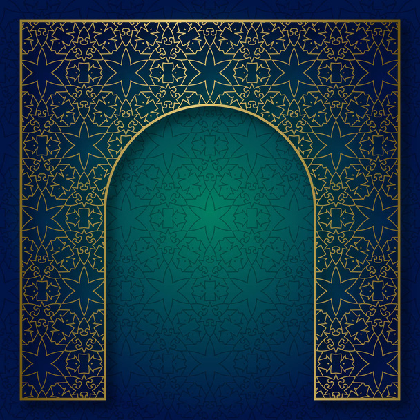 Traditional patterned background with golden arched frame - Vector, Image