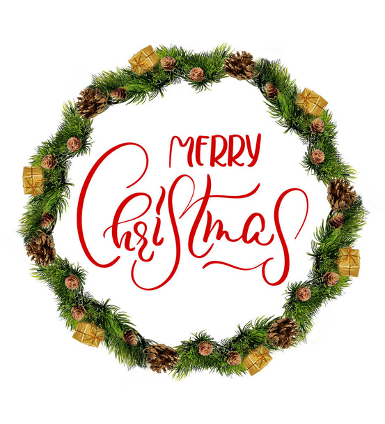wreath isolated over white background with text Merry Christmas. Calligraphy and lettering - Photo, Image