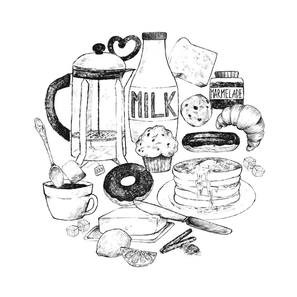 Doodle set food for breakfast. - Vector, Image