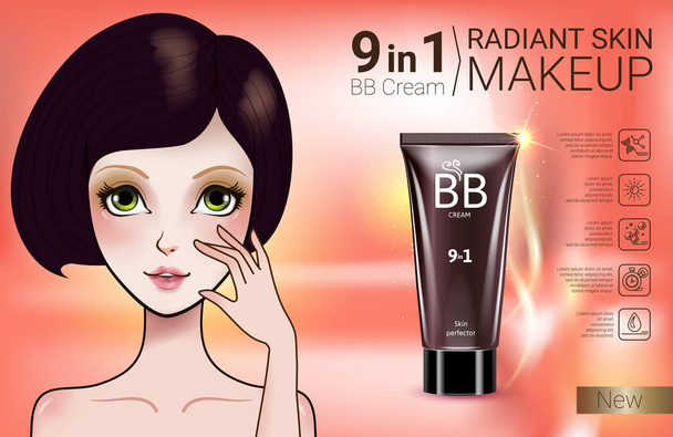 Vector Illustration with Manga style girl and makeup foundation tube. - Vector, Image