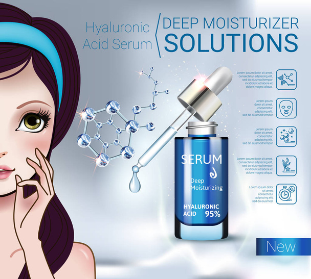 Vector Illustration with Manga style girl and Hyaluronic Acid Serum - Vector, Image