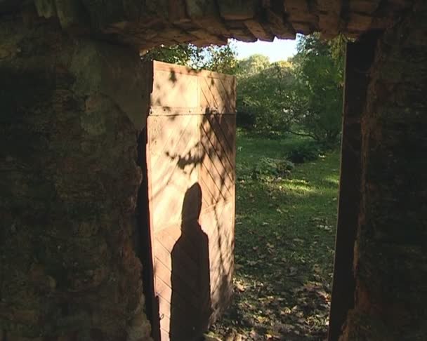Slightly open door in ancient wall and shadow walking away. - Footage, Video