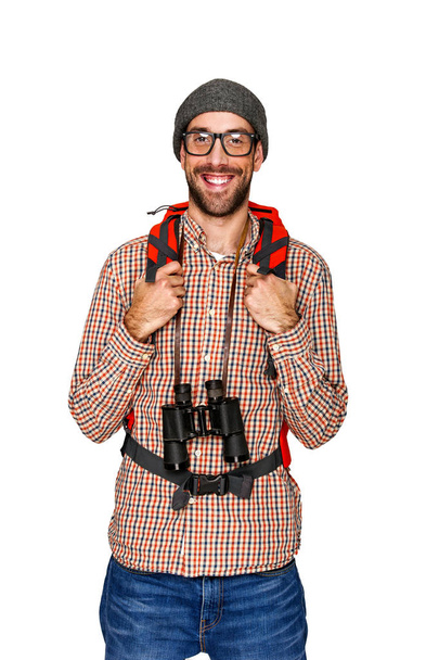Hiker man tourist. Hiking. Isolated over white background. - Foto, imagen