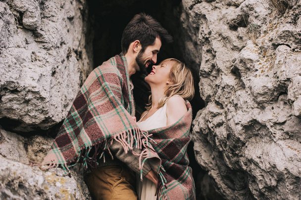 loving couple in mountains - 写真・画像
