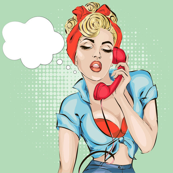 セクシーなピンナップ女性電話に応答します。ベクトル ポップアート漫画レトロ イラスト - ベクター画像