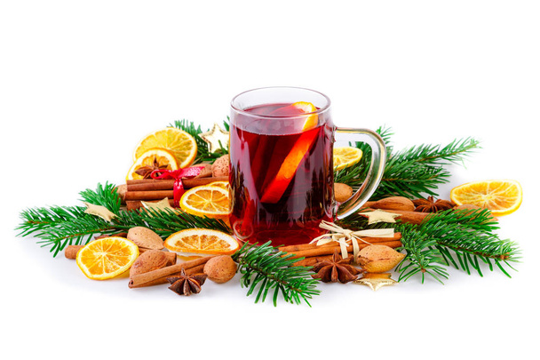 Mulled wine with christmas spices and fir branch on white - Fotografie, Obrázek