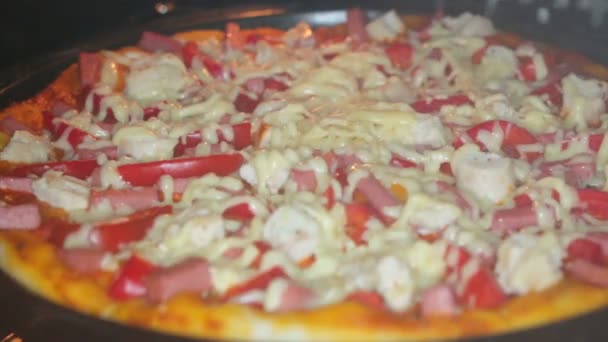 Putting pizza in oven at restaurant kitchen - Imágenes, Vídeo