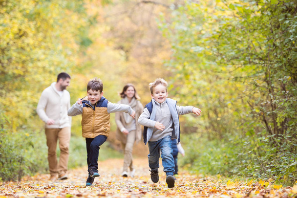 Beautiful young family on a walk in autumn forest. - Foto, immagini