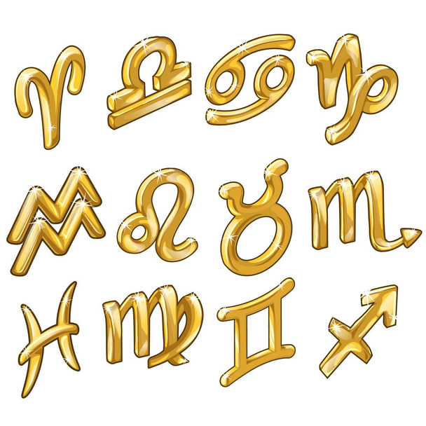 Twelve golden figurines of zodiac signs isolated - Вектор,изображение