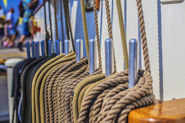 Closeup of coiled rope on a ship deck  - Foto, afbeelding