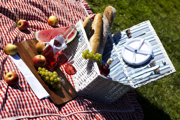 Piknik kosár zöld gyepen - Fotó, kép
