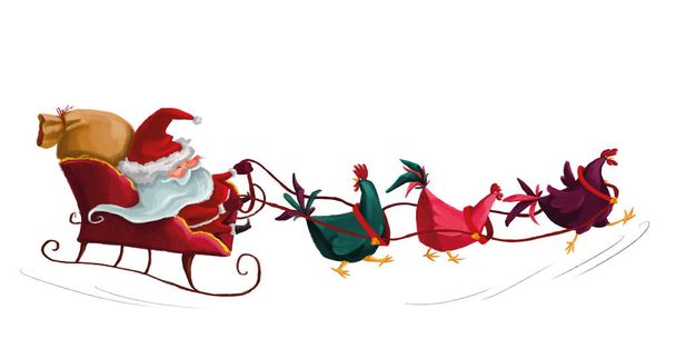 εικονογράφηση Χριστουγεννιάτικης τράπουλας με τρία Κόκκα που οδηγείται από τον Άγιο Βασίλη - Διάνυσμα, εικόνα