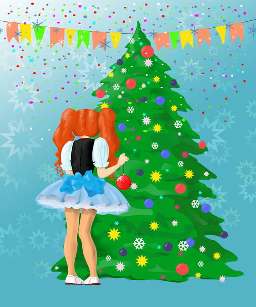 Dívka zdobí vánoční stromek - Fotografie, Obrázek