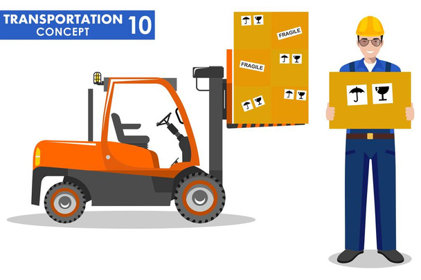 Transportation concept. Detailed illustration of forklift truck with cargo and deliveryman hold the box on white background in flat style. Vector illustration. - Vector, Image