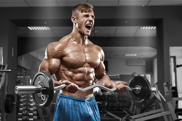 Hombre musculoso ejercitándose en el gimnasio haciendo ejercicios con barra en bíceps, fuertes abdominales masculinos desnudos del torso
 - Foto, imagen