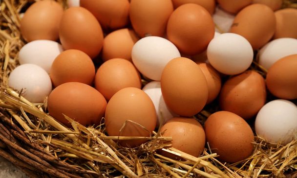 panier en osier avec œufs de poulet
 - Photo, image