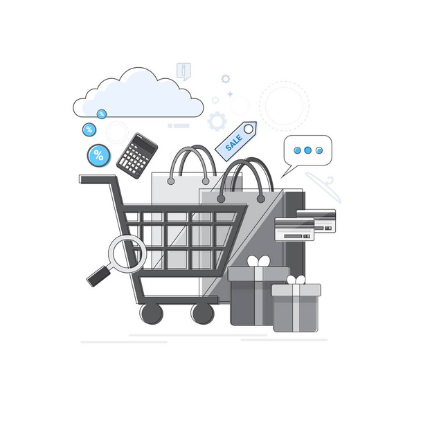 Online alışveriş afiş e-ticaret kavramı ince çizgi - Vektör, Görsel