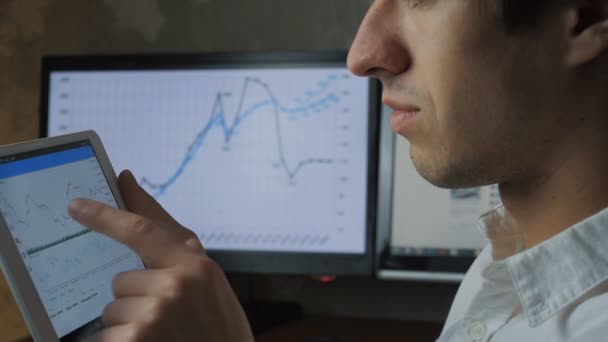 hombre de negocios analiza la información de datos de mercado en la tableta digital moderna
 - Metraje, vídeo