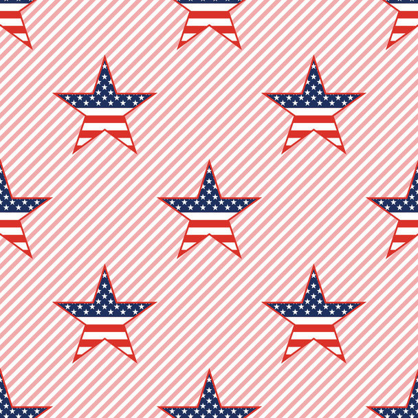 US patriotic stars seamless pattern on red stripes background. - Vector, imagen