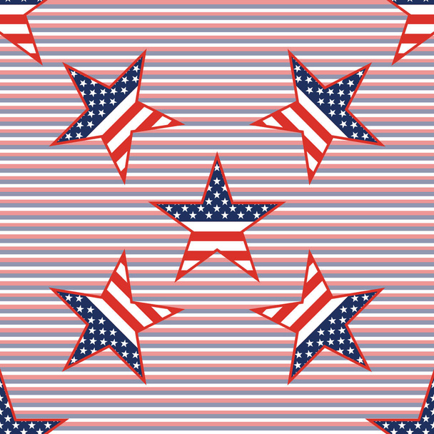 US patriotic stars seamless pattern on red and blue diagonal stripes background. - Vektör, Görsel