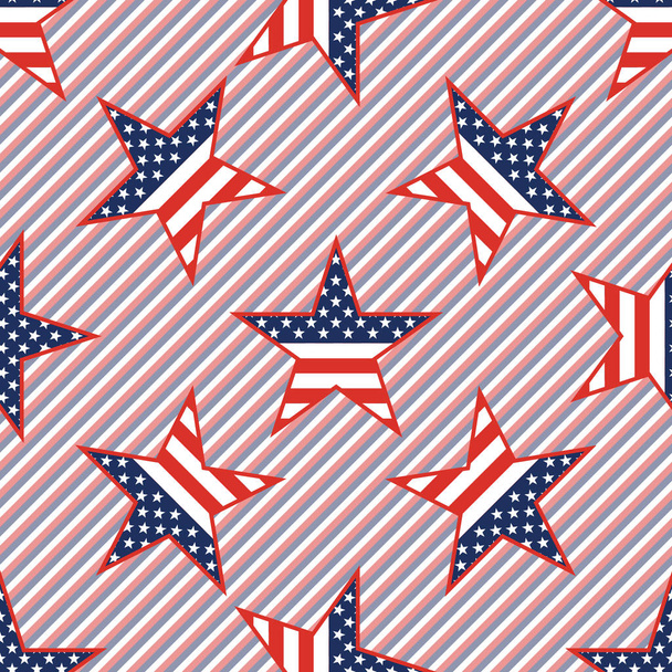 US patriotic stars seamless pattern on red and blue stripes background. - Вектор,изображение
