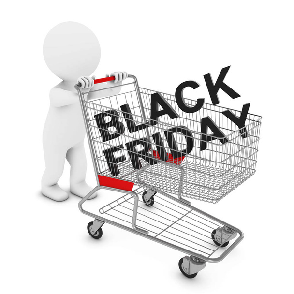 3D Man Character Pushing Shopping Trolley with Black Friday Text 3D Illustration - Foto, Bild
