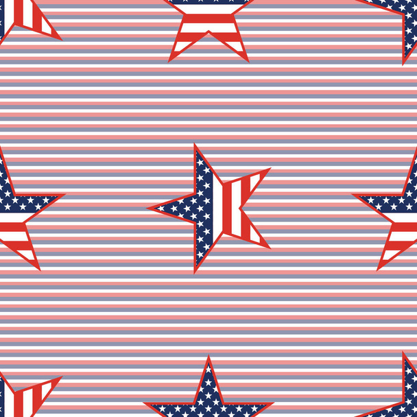 US patriotic stars seamless pattern on red and blue diagonal stripes background. - Вектор,изображение