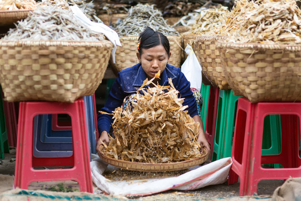 burmesische Trockenfisch-Verkäufer - Foto, Bild