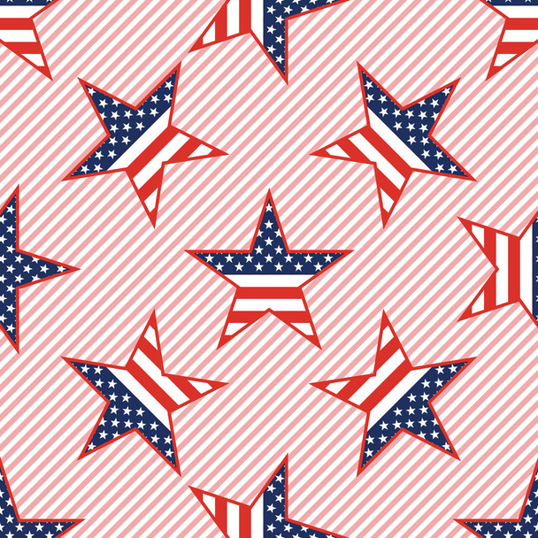 US patriotic stars seamless pattern on red stripes background. - Vector, Imagen