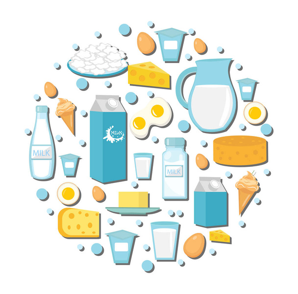 Ícone de produtos lácteos definido na forma de círculo. Estilo plano. isolado em fundo branco. Coleção de leite e queijo. Alimentos agrícolas. Ilustração vetorial
 - Vetor, Imagem