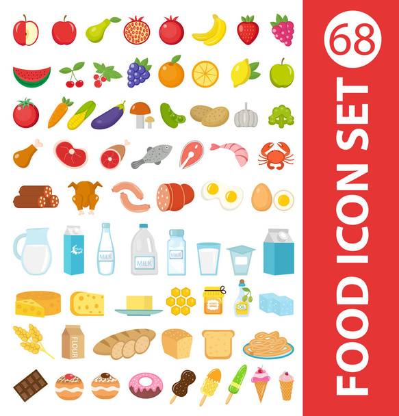 Groot stel pictogrammen voedsel, vlakke stijl. Fruit, groenten, vlees, vis, brood, melk, snoep. geïsoleerd op een witte achtergrond. Ingrediënten collectie. Vectorillustratie - Vector, afbeelding