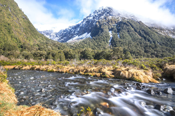 Water stream with snow mountain at monkey creek, New Zealand - Photo, Image