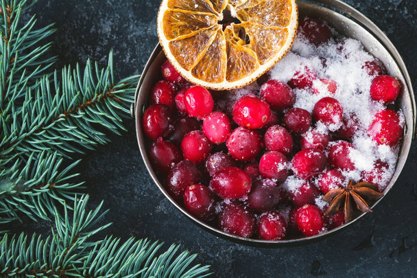 Winter composition with frozen cranberries, fir tree and dried orange rings - Foto, imagen