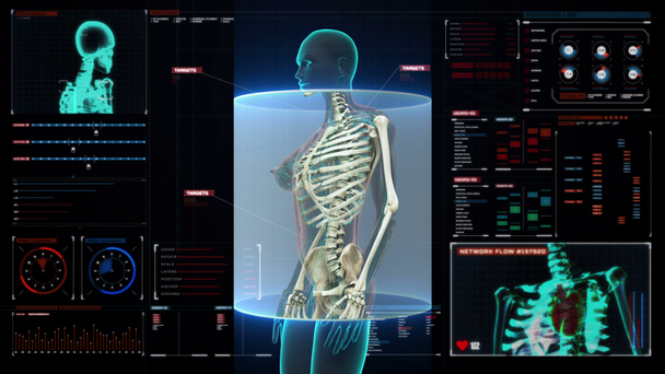 Zoom Corps féminin et balayage Structure squelettique humaine, système osseux dans le tableau de bord d'affichage numérique., Lumière de rayons X bleu. HD
. - Séquence, vidéo