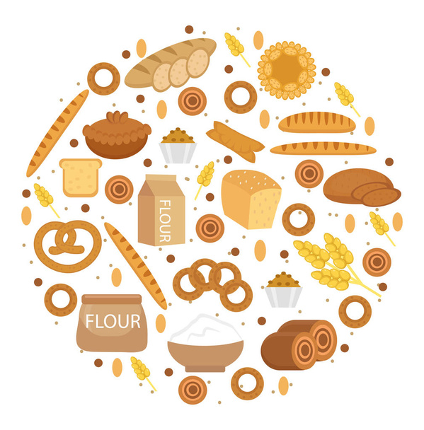 Piekarnia produktów ikona w kształt okrągły, płaski. różnych chleba i ciasta na białym tle. Mąki. Ilustracja wektorowa - Wektor, obraz