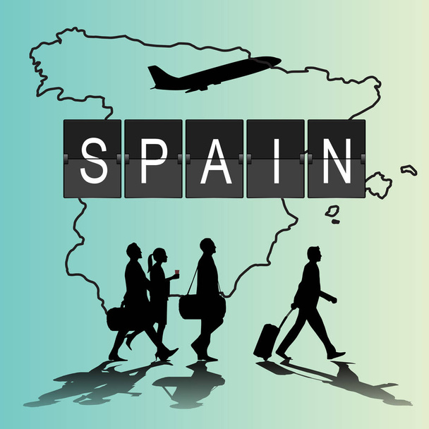 Infographic silhouette people in the airport for new spain fligh - Vector, Image
