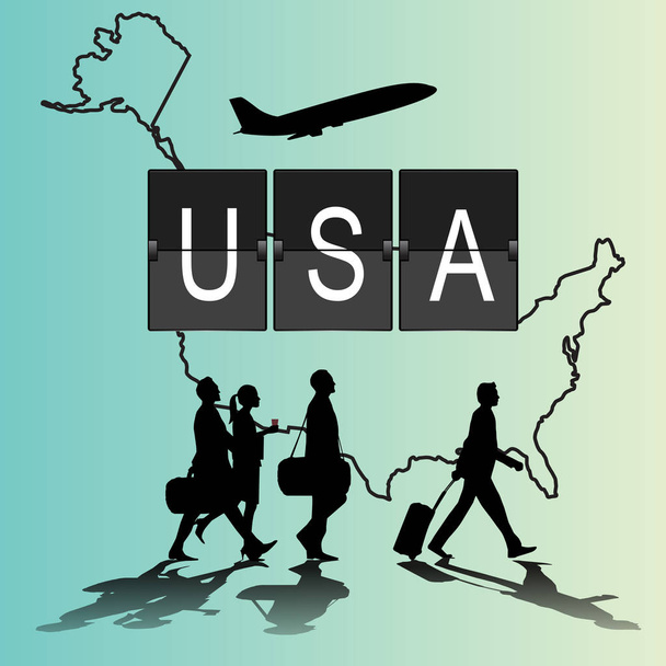 Infographic silhouet mensen op de luchthaven voor de Verenigde Staten. vlucht - Vector, afbeelding