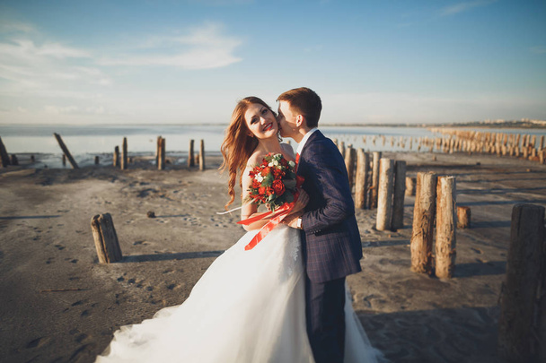 Elegant stylish happy wedding couple, bride, gorgeous groom on the background of sea and sky - Zdjęcie, obraz