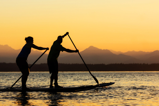 Couple paddling stand up paddle boards - Photo, Image