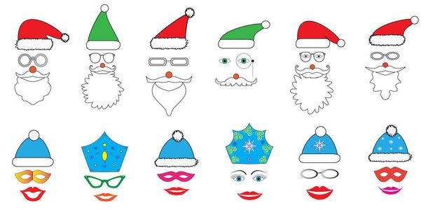 Christmas Party set - Glasses, hats, lips, eyes, diadems, mustaches, masks - for design, photo booth in vector - Vector, Image