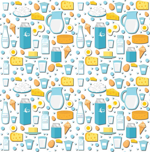 Dairy product seamless pattern. Flat style. Milk products background.  and Cheese texture. Farm Foods endless backdrop. Vector illustration - Vector, Image