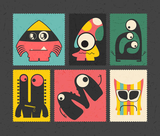 Set of retro postage`s stamp with funny monsters on different color background,  - Wektor, obraz