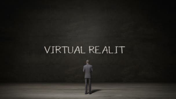 Businessman standing black wall, Handwriting concept of 'Virtual Reality' with digital icon. - Footage, Video
