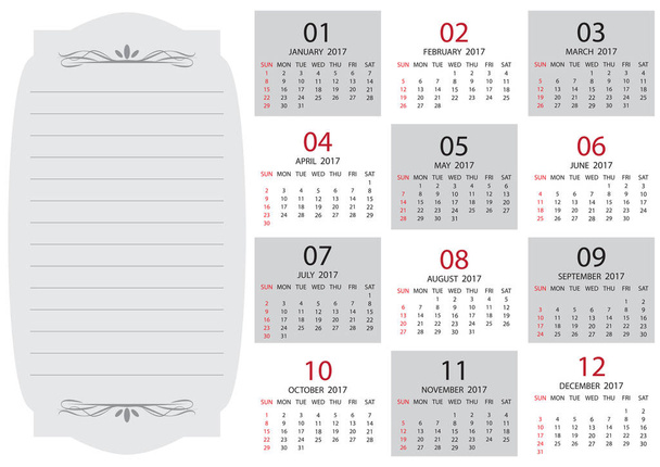2017 kalendersjabloon - Vector, afbeelding
