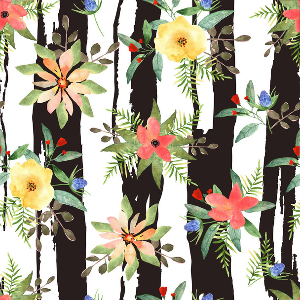 Illustration of floral seamless.Colorful flowers with strips - Fotoğraf, Görsel