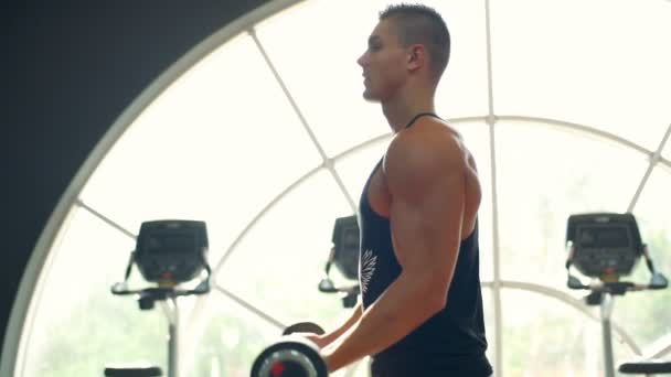 Männlicher Bodybuilder trainiert im Fitnessstudio mit der Langhantel - Filmmaterial, Video