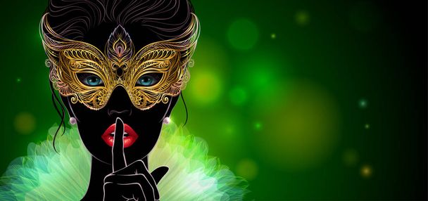A mysterious lady in golden carnival mask - Vector, Image