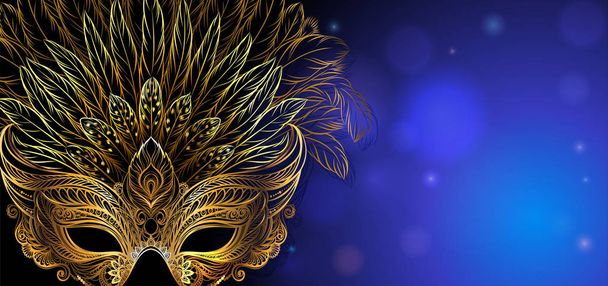 Máscara de carnaval dorado con plumas - Vector, Imagen